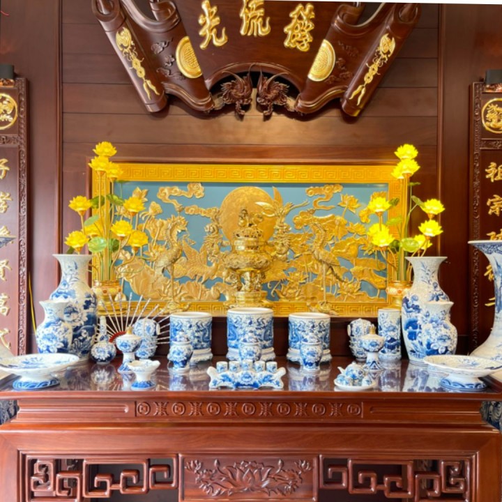 Trọn Bộ Ban Thờ Men Lam Vẽ Gấm 